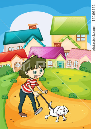 A lady strolling with her white puppy 13166351