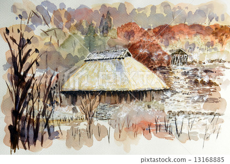 A watercolor of a private house with a thatched roof A watercolor of a private house with a thatched roof 13168885