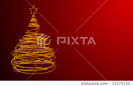 Christmas Tree Made Of Gold Wire. Red Background. Wide. 13173139