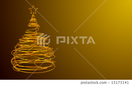 Christmas Tree Made Of Gold Wire. Yellow Background. Wide. 13173141
