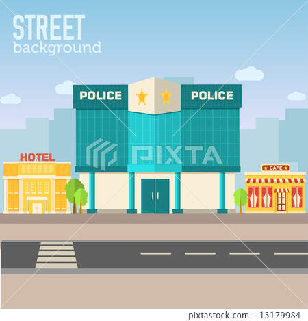 police building in city space with road on flat syle background police building in city space with road on flat syle background 13179984