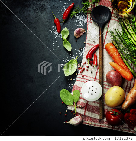 Wooden spoon and ingredients Wooden spoon and ingredients 13181372