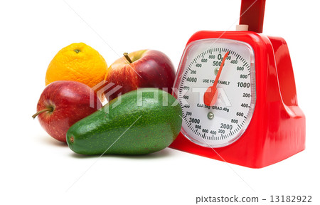 Fruit and kitchen scales isolated on white background 13182922