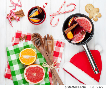 Christmas mulled wine on wooden table 13185327