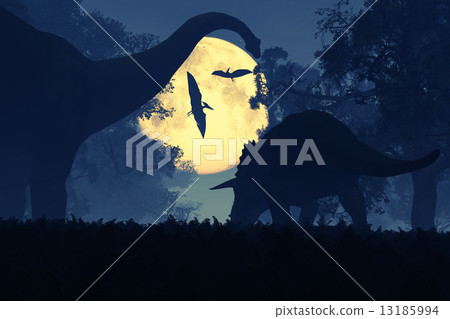 Mysterious Magical Prehistoric Fantasy Forest at Night in the Full Moon light 3D artwork 13185994