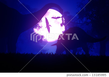Mysterious Magical Prehistoric Fantasy Forest at Night in the Full Moon light 3D artwork 13185995
