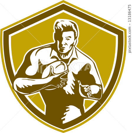Rugby Player Running Fending Shield Retro 13186475