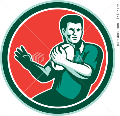 Rugby Player Ball Hand Out Circle Retro 13186476