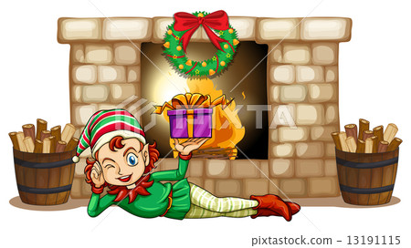 An elf in front of the fireplace An elf in front of the fireplace 13191115