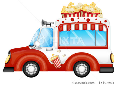 A red vehicle selling popcorns 13192603