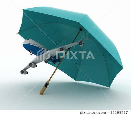 Passenger plane flies under the umbrella. conception of insurance on air flights 13195417
