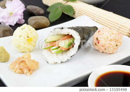 Temaki - Japanese sushi. Salmon & Cucumber / Pepper & Pea Shoot Temaki - Japanese sushi. Salmon & Cucumber / Pepper & Pea Shoot 13195499
