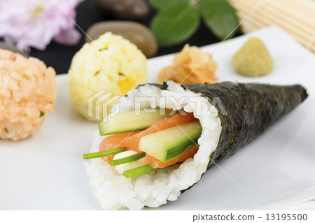 Temaki - Japanese sushi. Salmon & Cucumber / Pepper & Pea Shoot  13195500