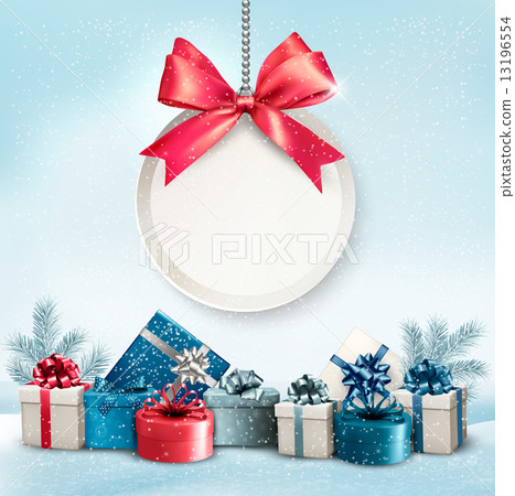 Christmas presents with a label and a ribbon. Vector. 13196554