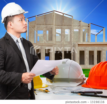 architect man and working ducument plan in house construction si 13198116