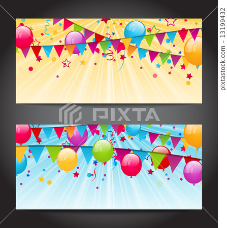 Abstract banners with colorful balloons, hanging flags and confe Abstract banners with colorful balloons, hanging flags and confe 13199432