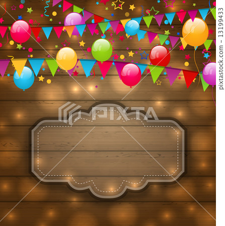 Colorful balloons, hanging flags on wooden texture, place for yo 13199433