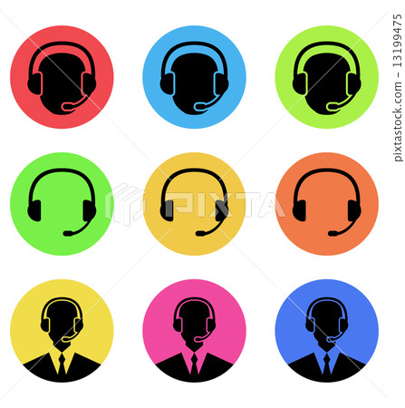 Colorful icons of call center and operator in headset, headset 13199475