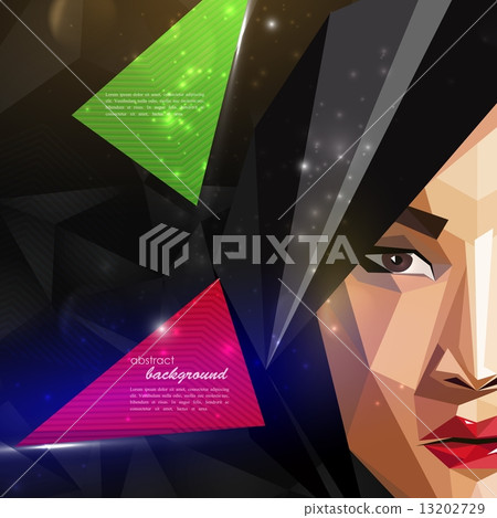 illustration with an asian woman face in polygonal style. modern poster, fashion, beauty or entertai illustration with an asian woman face in polygonal style. modern poster, fashion, beauty or entertai 13202729