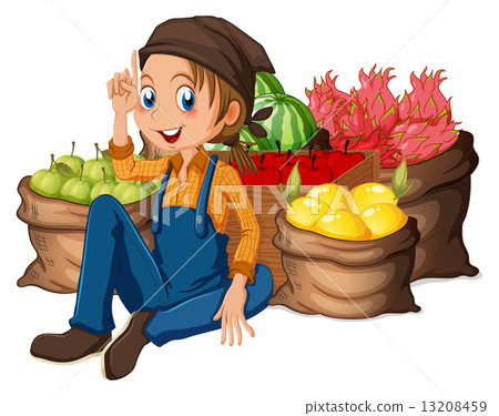 A young farmer near his harvested fruits A young farmer near his harvested fruits 13208459