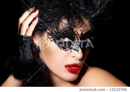 Masquerade. Closeup Short Hair Gorgeous Woman with Trendy Black Mask 13210766