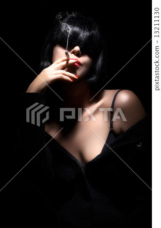 Beautiful Sexy Girl Smoking. Black Hair. Sensual red lips. Beautiful Sexy Girl Smoking. Black Hair. Sensual red lips. 13211130