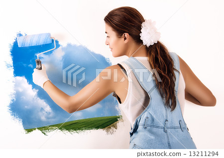 Ecologist Mural Painting on Wall. Decor with Acrylic Paint 13211294