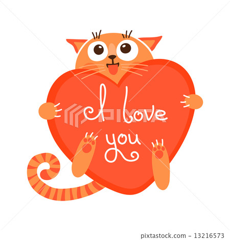 Cute cartoon ginger cat with heart and declaration of love. 13216573