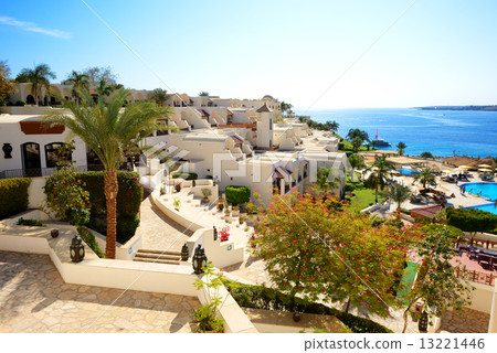 Building and the beach at luxury hotel, Sharm el Sheikh, Egypt 13221446