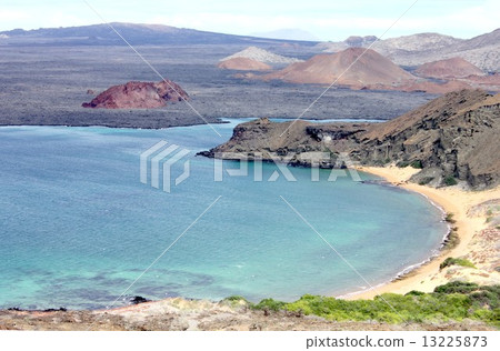 Landscape of biological evolutionary theory floating on the Pacific Ocean of South America Ecuador, landscape of beautiful cove of Bartolome Island overlooking Santiago Island in Galapagos Islands 13225873