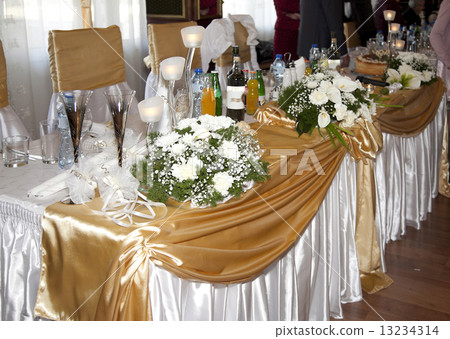 catering table set service with silverware, fresh flowers and gl 13234314