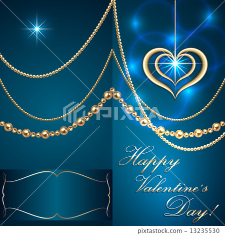 Vector Saint Valentine turquoise  invitation card with hearts and golden jewelry 13235530