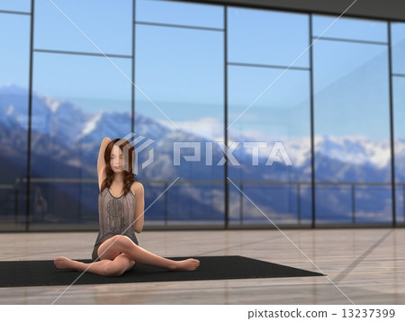 Woman doing yoga in a large window room with snowy mountain viewer Real 3D CG illustration material Woman doing yoga in a large window room with snowy mountain viewer Real 3D CG illustration material 13237399