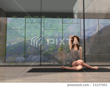 Woman practicing yoga in a large window room with a view of the garden Real 3DCG illustration material 13237401