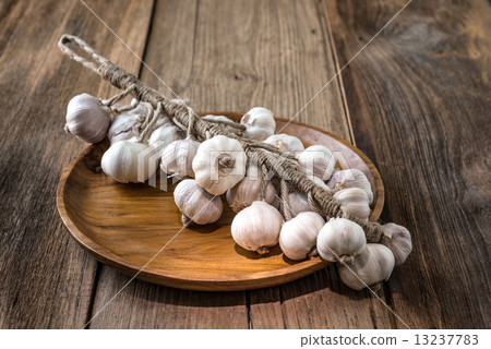 Bunch of dried garlic bulbs on a wooden Tray 13237783