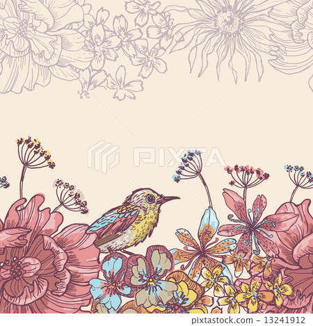 Garden flowers and birds horizontal seamless ribbon 13241912