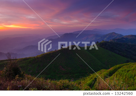 Landscape of sunrise over mountains in Kanchanaburi,Thailand 13242560