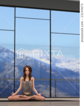Woman doing yoga in a large window room with snowy mountain viewer Real 3D CG illustration material Woman doing yoga in a large window room with snowy mountain viewer Real 3D CG illustration material 13245673