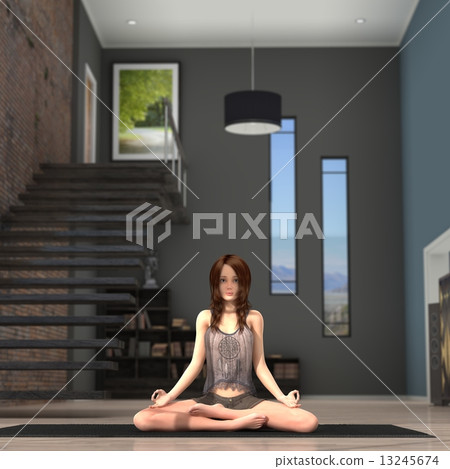 Women who practice yoga in a spacious stylish room Real 3D CG illustration material Women who practice yoga in a spacious stylish room Real 3D CG illustration material 13245674