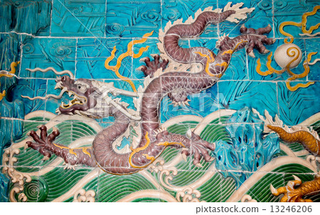 Dragon sculpture. The Nine-Dragon Wall (Jiulongbi) at Beihai park, Beijing, China 13246206