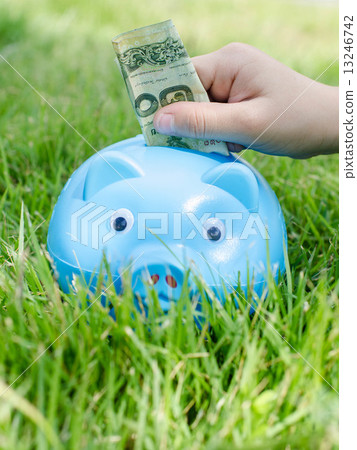 Blue piggy bank sitting on grass with hand putting Thai money. 13246742