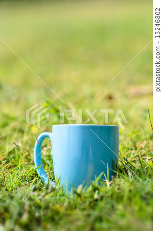 Green space with blue coffee mug outdoor. Green space with blue coffee mug outdoor. 13246802