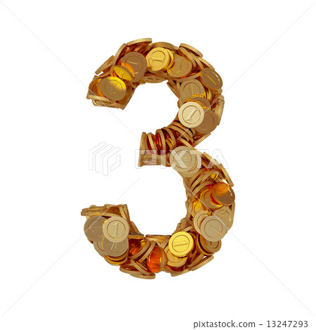 Alphabet number digit three 3 with golden coins isolated on whit Alphabet number digit three 3 with golden coins isolated on whit 13247293
