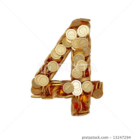 Alphabet number digit four 4 with golden coins isolated on white Alphabet number digit four 4 with golden coins isolated on white 13247294