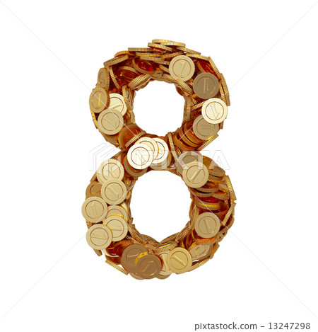 Alphabet number digit eight 8 with golden coins isolated on whit Alphabet number digit eight 8 with golden coins isolated on whit 13247298