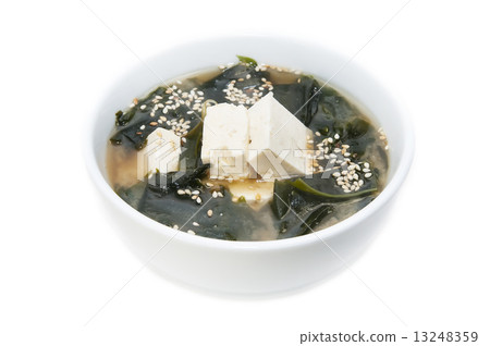 Japanese soup with herbs and cheese on white background Japanese soup with herbs and cheese on white background 13248359
