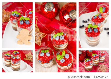 Christmas dessert. Sweet dessert tiramisu with strawberry, fresh blueberry and basil creme Christmas dessert. Sweet dessert tiramisu with strawberry, fresh blueberry and basil creme 13250576