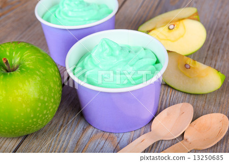 Frozen creamy ice yoghurt  with fresh green apples 13250685