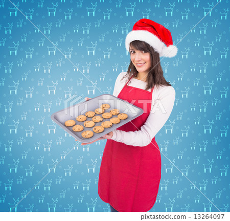 Composite image of brunette in santa hat offering hot cookies Composite image of brunette in santa hat offering hot cookies 13264097