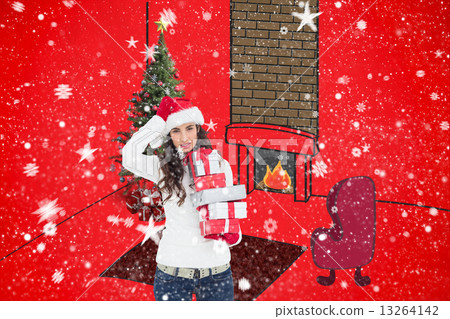 Composite image of stressed brunnette in santa hat holding gifts Composite image of stressed brunnette in santa hat holding gifts 13264142